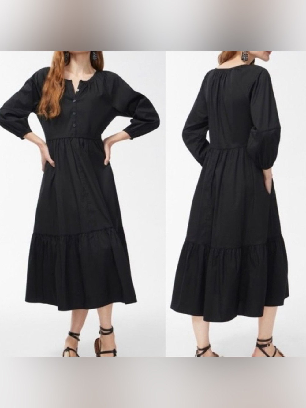 Chico’s Black Cotton Poplin Tiered Midi Dress Balloon Sleeve Size 10‎